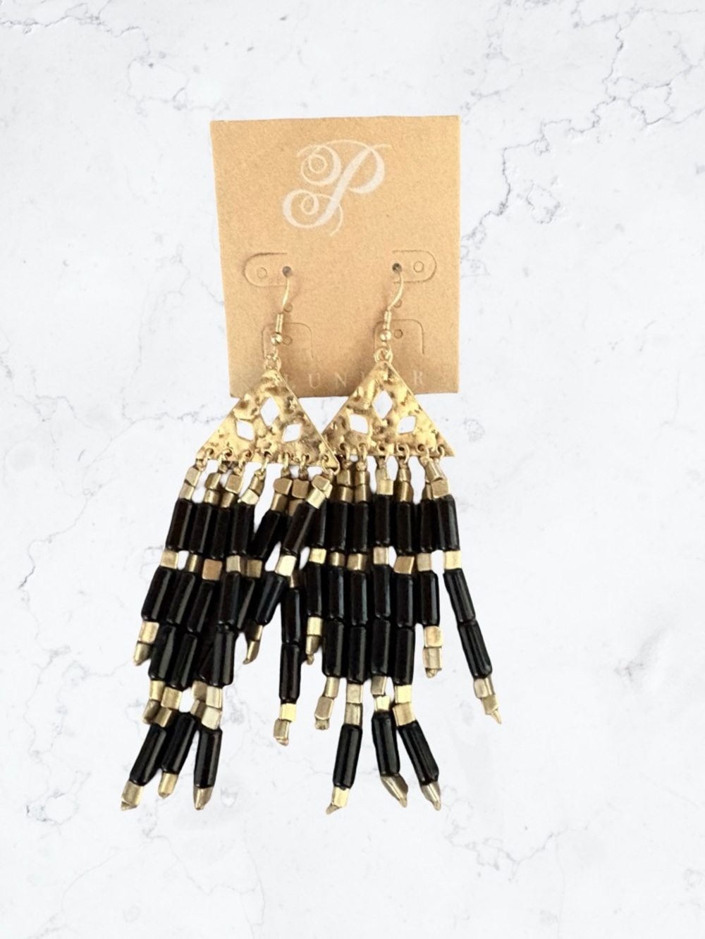 Plunder Black and Gold Beaded Fringe Earrings